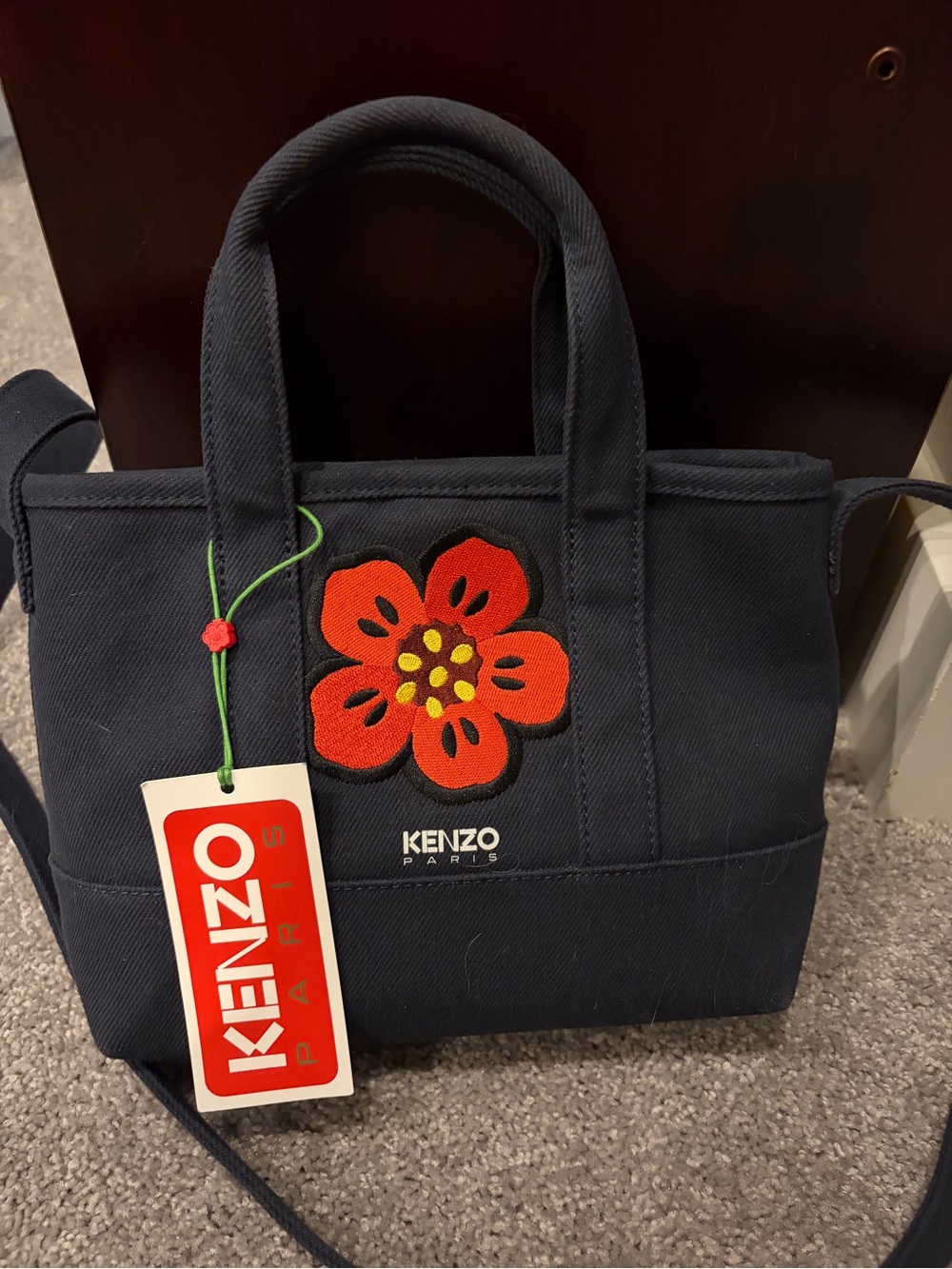 Kenzo Navy Canvas Tote with Red Floral Patch
